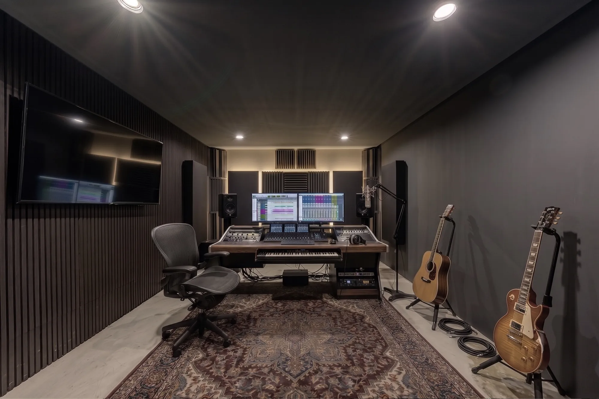 The same room reimagined as a recording studio.