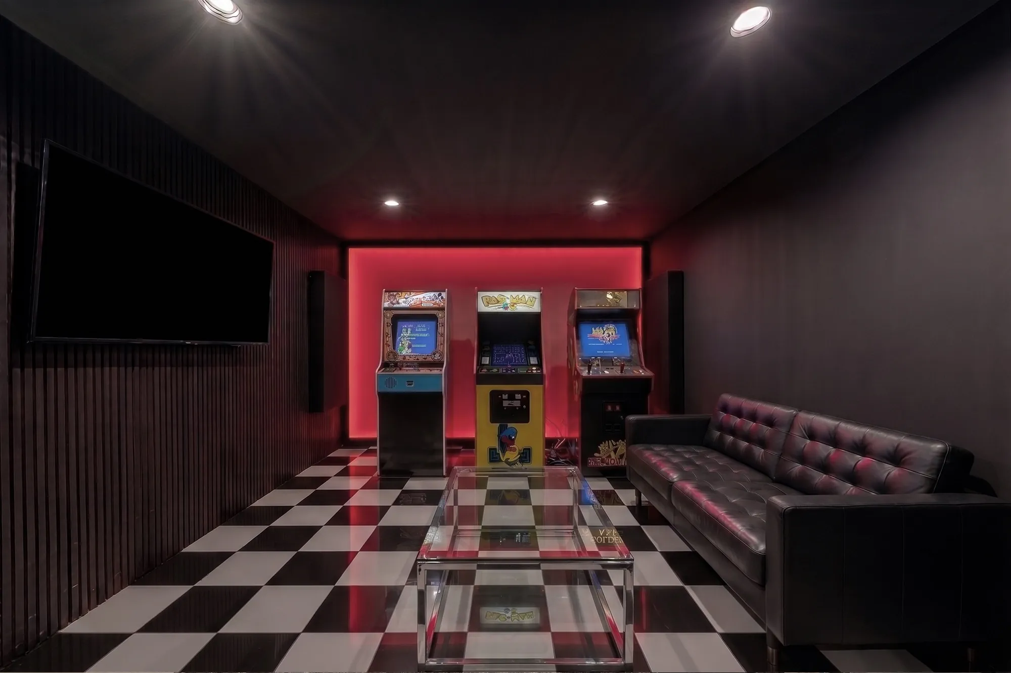 The same room reimagined as an arcade games room.