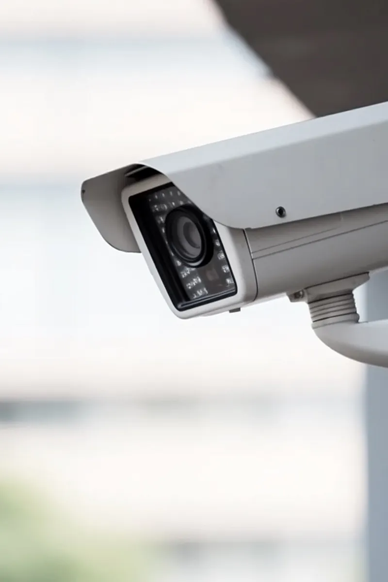 A security camera keeping watch over a quiet, gated approach.